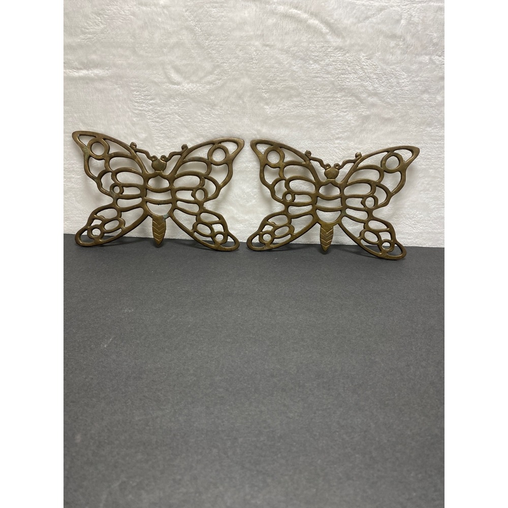 VTG Pair of Brass Butterfly Trivets Hot Plates MCM Pot Holder Wall‎ Decor